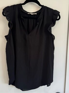 LOFT Black Ruffle Cap-Sleeve V-Neck Blouse